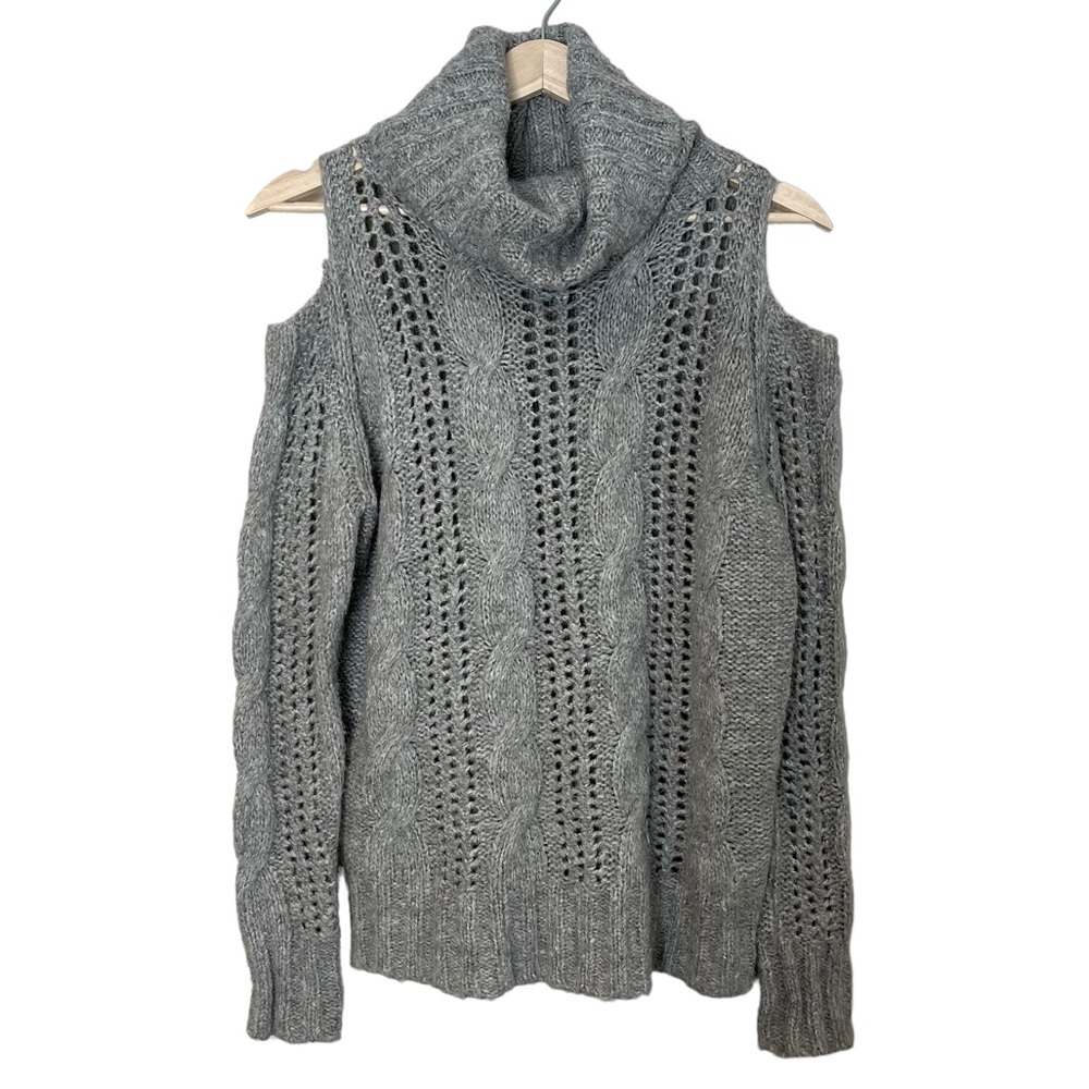 Cliche Wool Blend Turtleneck Cable Knit Cold Shoulder Sweater Gray Size S Chunky